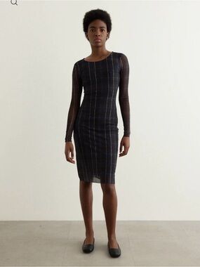 Baum und pferdgarten Sheer-Sleeve Navy Plaid Midi Body con Dress size L
